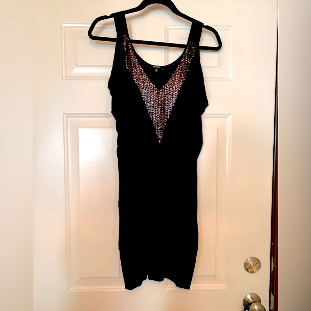 EXPRESS Womens V-Neck Sequin Dress S Black Batwing Sleeve Slinky Cocktail Date